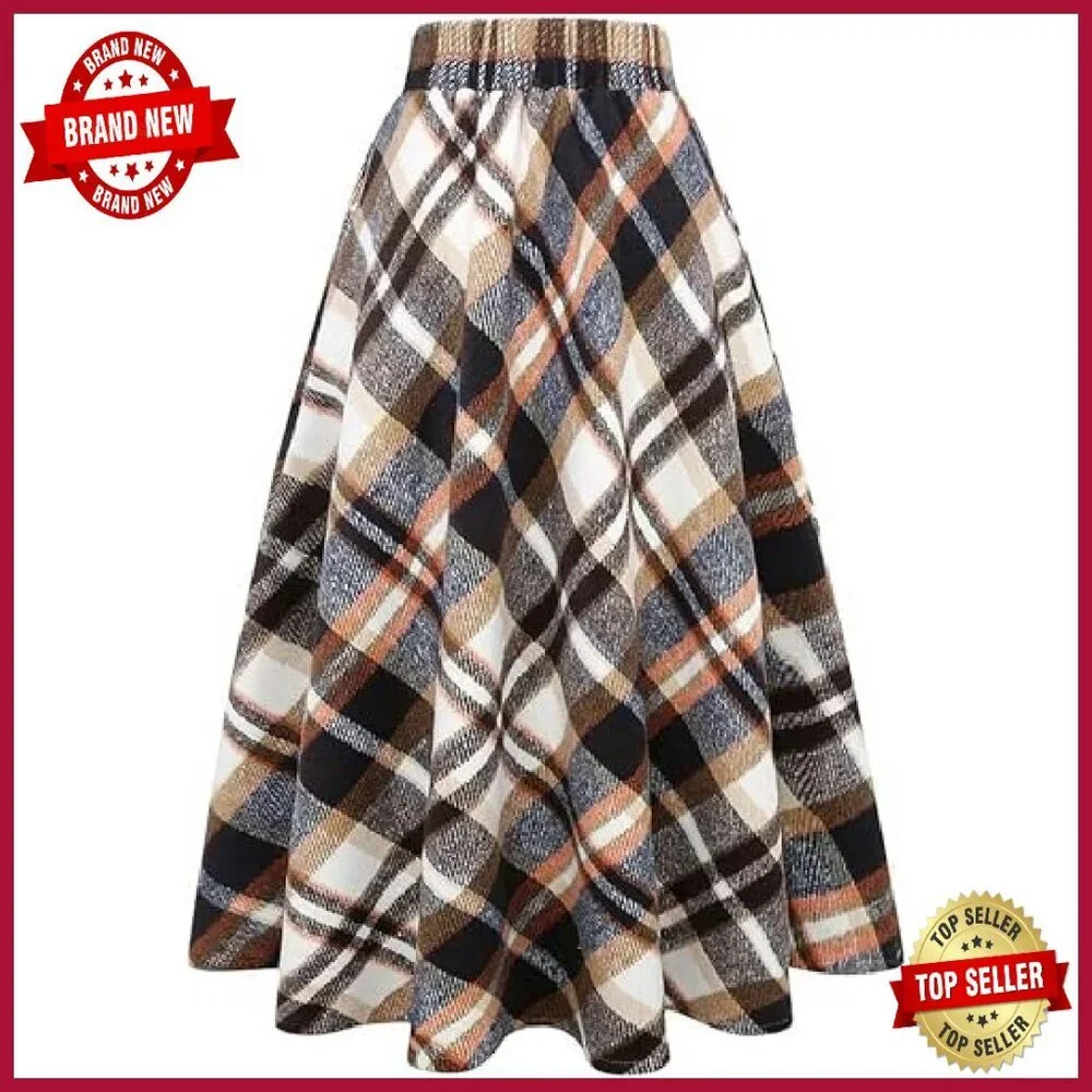 Long Wool Plaid Skirt High Waist A-Line Pleated Midi Fall Winter - Picture 3 of 7
